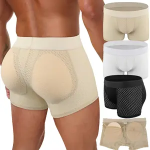 1/2/3/4 Pack Menswear Body Shaper Shapewear Padded Underwear Breathable Butt Lift Mesh Boxer Briefs Shorts with Removable Pads Lightweight Hips Enhancers Compression Slim Fitting Elastic Nylon Fabric Classic Boxer Style Plain Soft Beige Lingerie