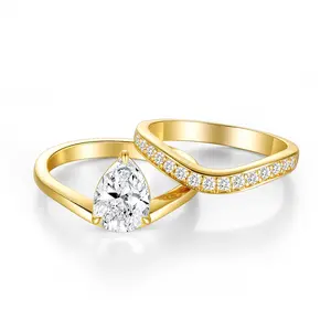 EAMTI 14K Gold Plated Bridal Ring Sets Engagement Rings for Women 2CT Pear CZ Bands Solitaire Cubic Zirconia Curved Wedding Promise Gold Rings for Her