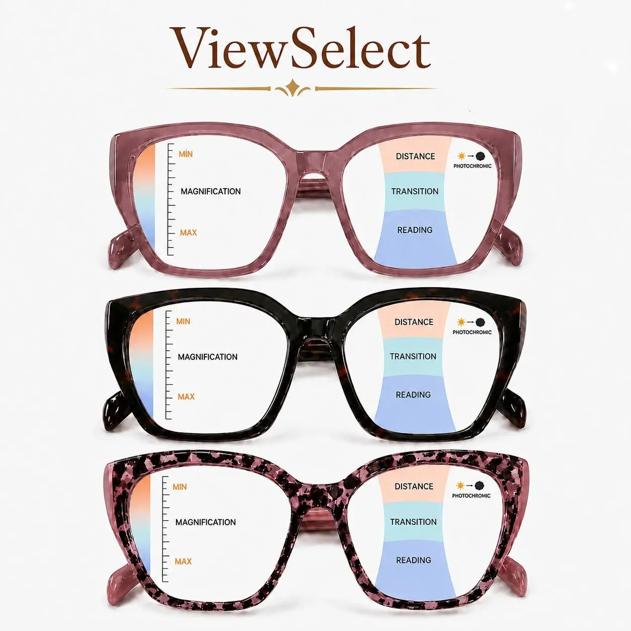ViewSelect Non-Prescription Oversized Progressive Multifocal Reading Glasses - Lightweight Square Frame, HD Clear Lenses for Women & Men, Daily Reading & Screen Use