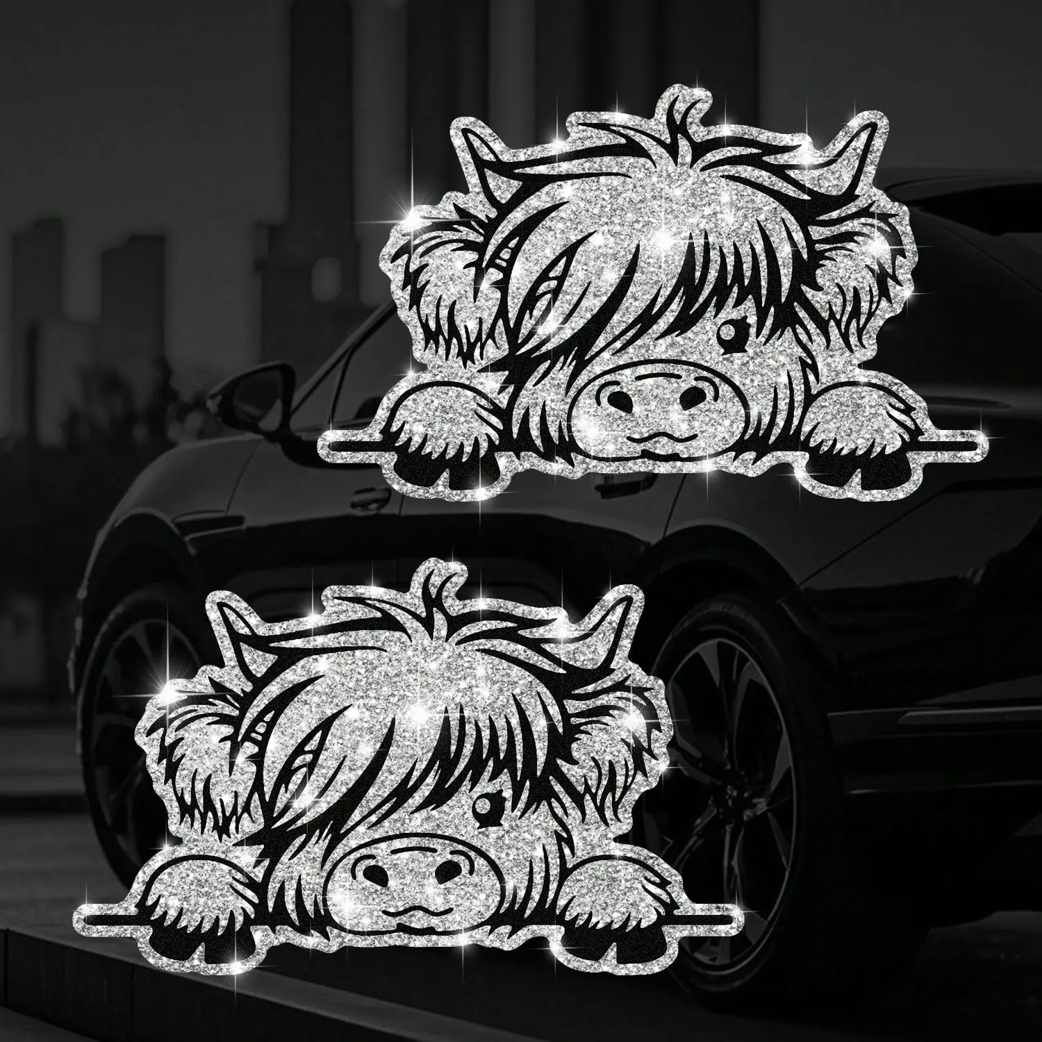 2PCS Cute Highland Cattle Stickers, Glitter Cartoon Animal Theme, Suitable for Cars, Laptops, Vinyl Stickers, Sticker Decals, Automotive Decals, Ideal for Car Windows, SUVs, Motorcycles, Trucks, Removable Bumper Stickers