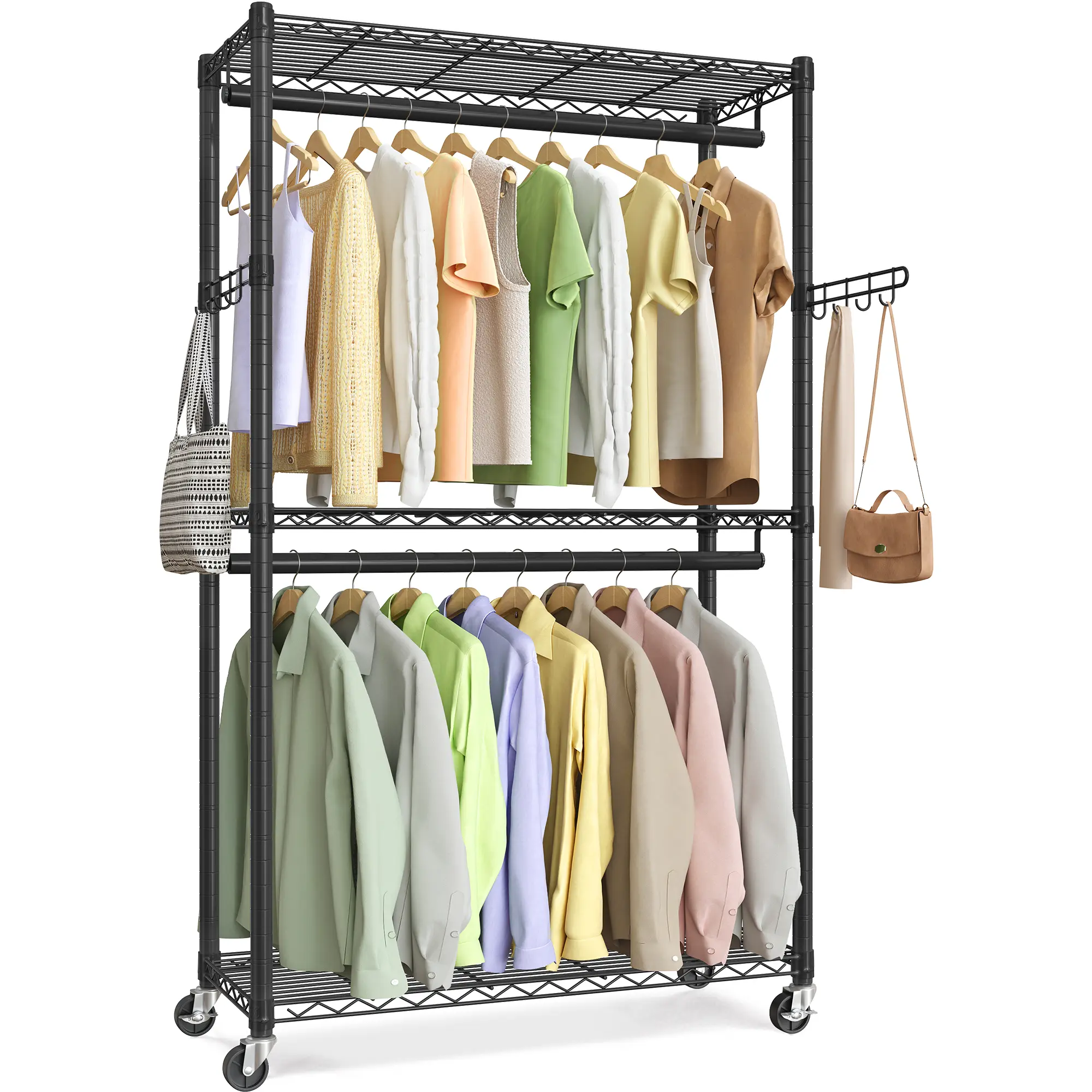 SONGMICS Heavy-Duty Rolling Clothes Rack, Garment Rack, Portable Closet, 43.3-Inch Wide Clothing Rack on Wheels, with Adjustable Mesh Shelves and Hanging Rails, Hooks