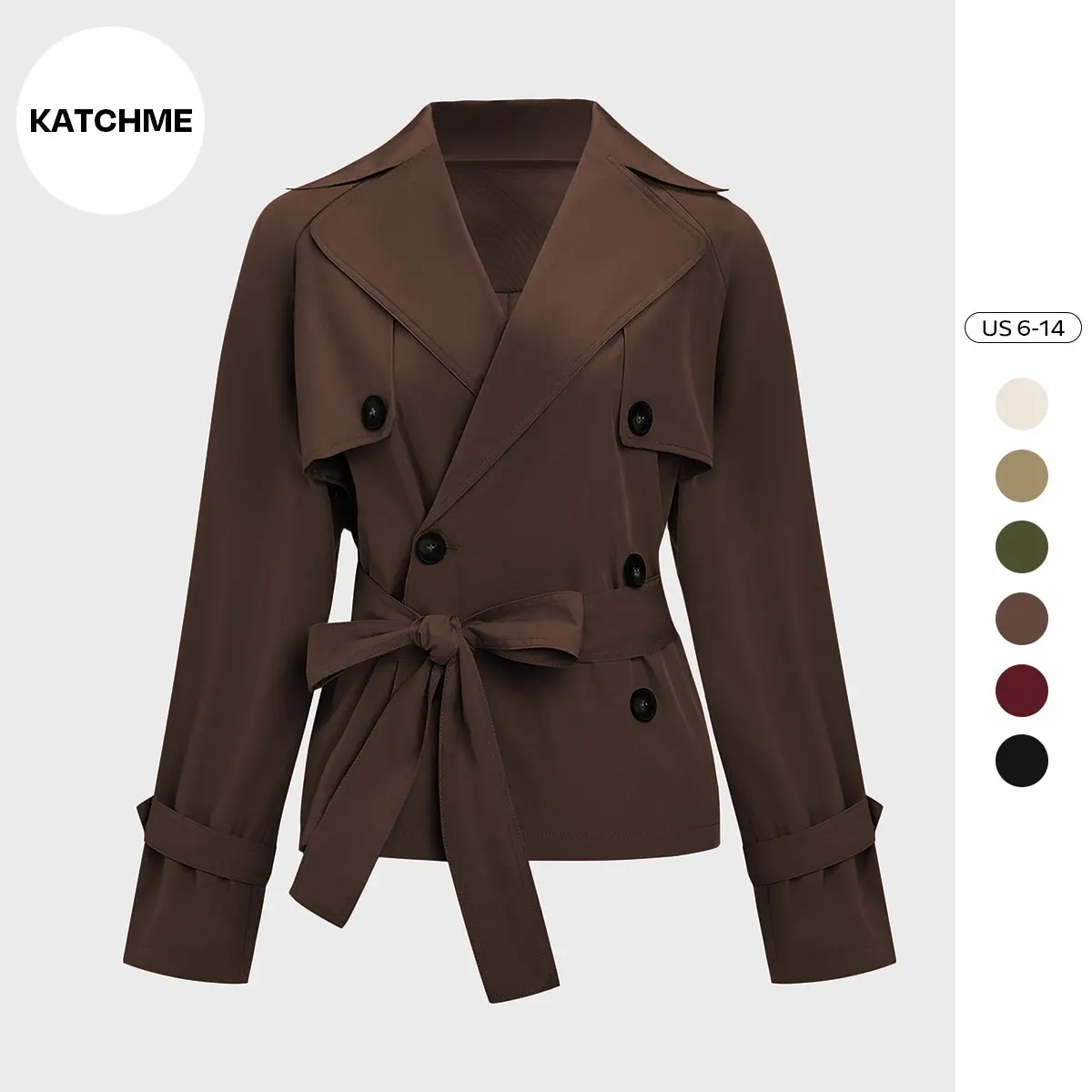 KatchMe Women's Commuter Notch Lapel Double Breasted Detachable Belt Trench Coat, Fall & Winter Plain Wrap Tie Waist Outerwear Jacket, Minimalist Trench Coat