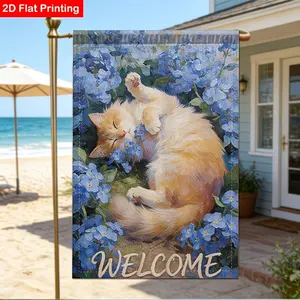 Welcome Orange Cat Garden Flag, Blue Hydrangea Floral Yard Flag, Oil Painting Style Outdoor Decor 12*18inch