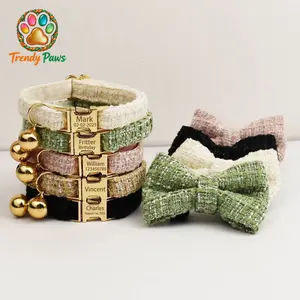 Personalized Tweed Cat Collar with Engraved ID Tag, Luxury Custom Nameplate Pet Collar with Bell & Bowtie, Elegant Small Dog & Kitten Necklace, Safety Breakaway Buckle