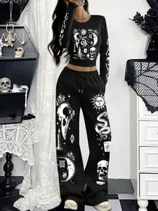 Women's Halloween Gothic Snakeskin Print High Waist Pants Set, Womenswear Casual Fitted Long Sleeve Top & Wide Leg Pants, Comfortable Spring & Fall