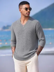 Men's Cable Knit V-Neck 3/4 Sleeve Sweater, Casual Loose Fit Mid Sleeve Knit Top for Summer