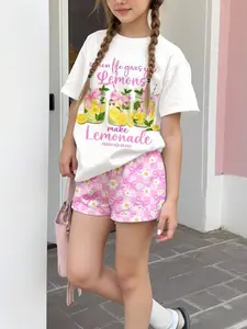 Summer New Girl Lemon Bow Cartoon Print 3D Short Sleeve Shorts Set, Fashion Girls Daily Wear, Casual Loose-Fitting Suit