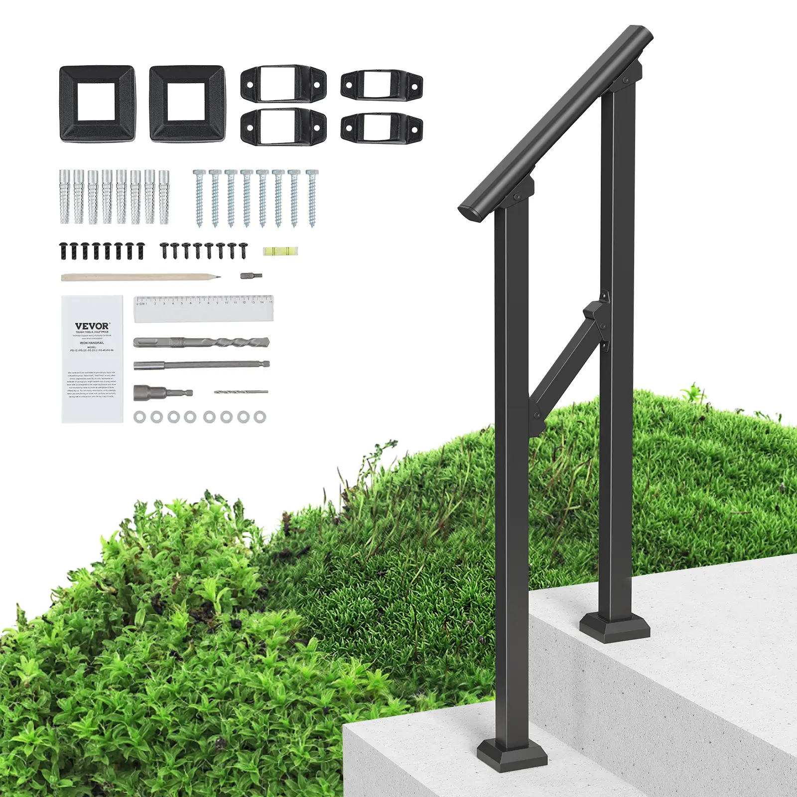 【Summerfinds】VEVOR Handrails for Outdoor Steps,1-2 Step Stair Hand Rail KitTransitional Carbon Steel Railings with Installation KitStair Rails for SeniorsConcrete Steps & Porch & DeckBlack Square Tube, Adjustable Steps Accessories