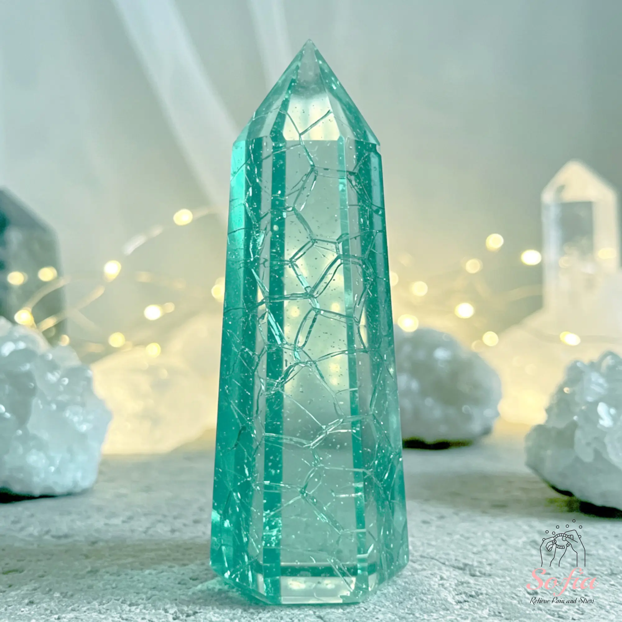 Artificial Non-Natural Crystal Decorations, Blue Crackle Glass Tower Single Point Wand Obelisk, Crystal Decorative Stones Handmade Craft Desk Accessory for Desk Setup Aesthetic Home Meditation Decor