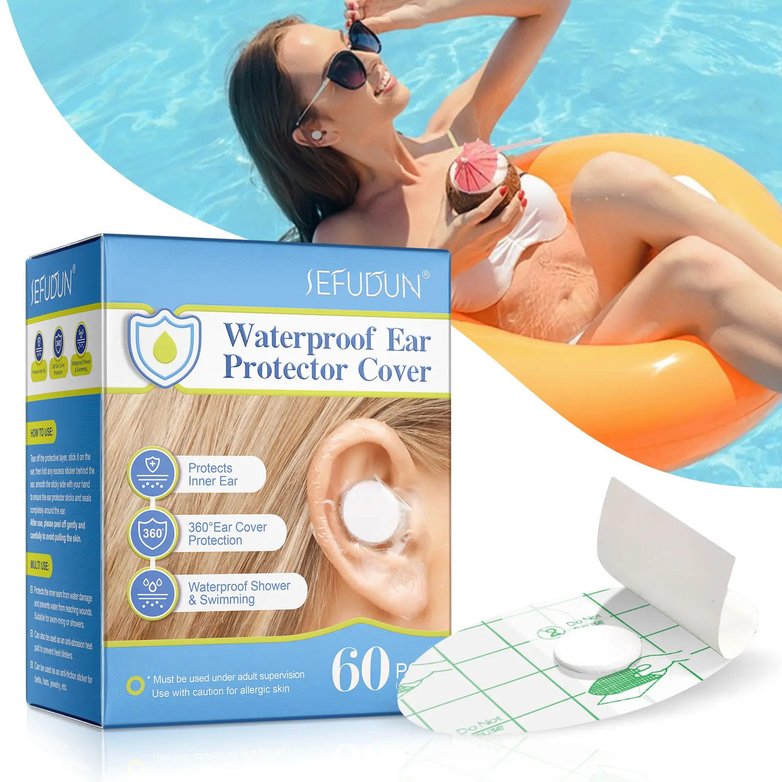 Sefudun Waterproof Ear Covers, Shower and Swimming Protection, Inner Ear Protection, 360 Degree Ear Cover, Suitable for Swimming or Showering, Swimming Accessories