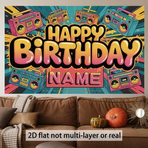 Personalized Name Retro 80s Neon Boombox Party Banner - 1pc Vibrant Design Reusable 2D Flat Event Backdrop, Large Size 90.5x70.8in Multicolor Polyester Happy Birthday Decoration with Custom Text for 80s Themed Parties