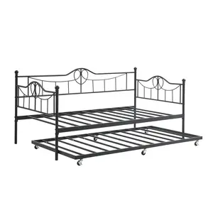 Gaomon Twin Size Daybed with Trundle - 6-Wheel Guest Pull Out Bed, Heart Motif Design, Heavy-Duty Steel Frame Slats, Headboard and Side Armrests, Versatile Function, for Bedroom, Living Room, Black