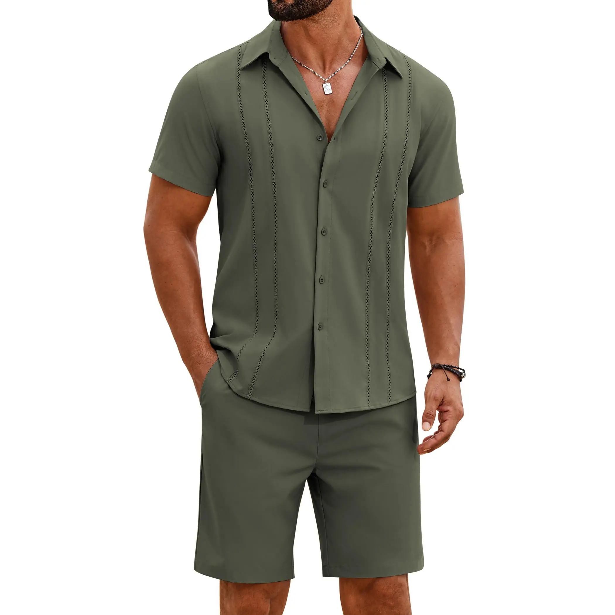 Coofandy Men's 2-Piece Cuban Guayabera Clothes Set - Stylish Shirt with Cutout Pleats & Shorts with Pockets, Lightweight Fabric for Summer Beach Vacation, Menswear, Shortsleeve, Soft, Casual, Buttons, White Party, Family Photos, Cool All‑Day Wear