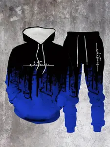 Men's Casual Polyester Hoodie Set, Blue Block Letter Print, Comfortable Elastic Fit, Sporty Style, Ideal for Outdoor Activities, Streetwear Tracksuit Set, Sports Outfits
