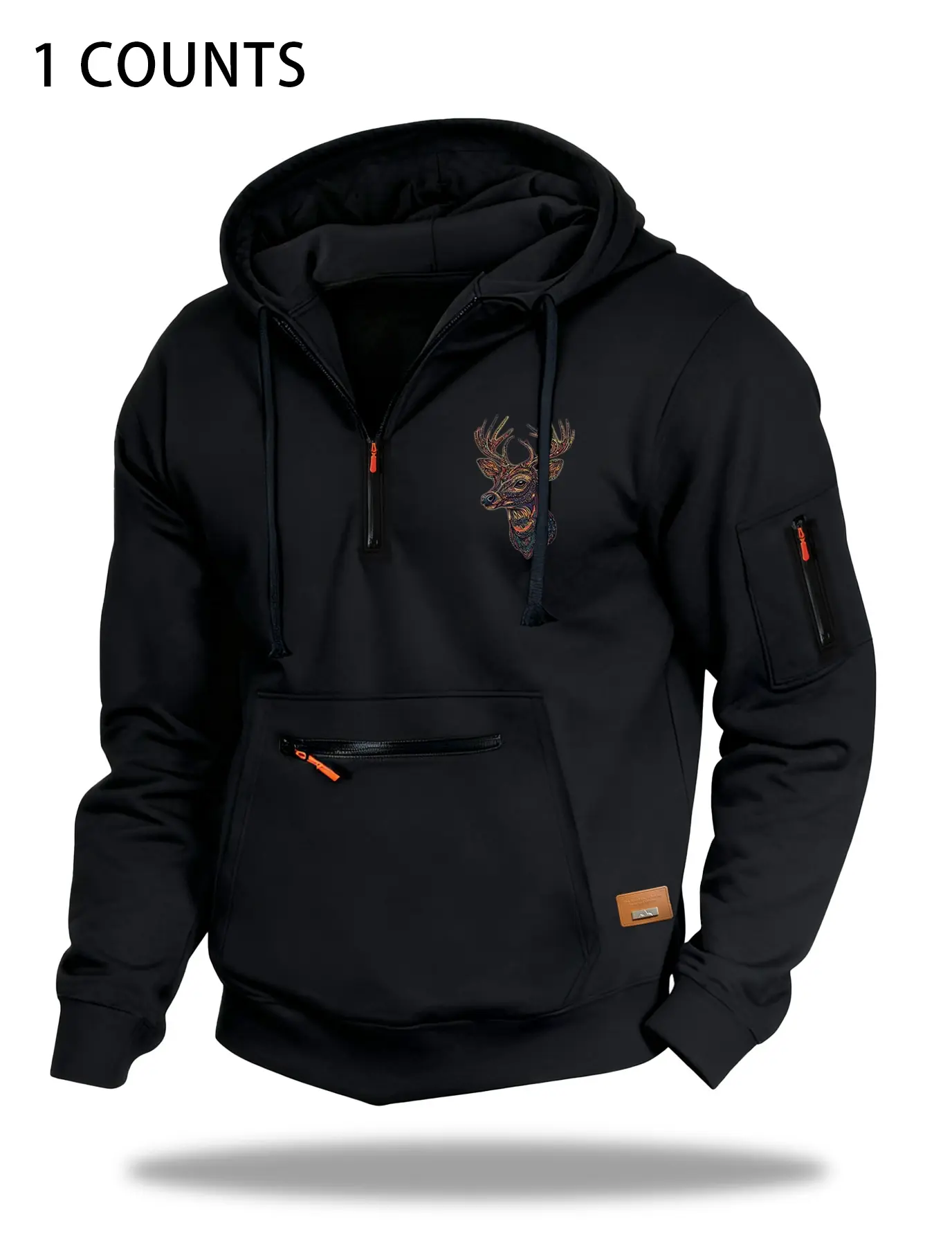 Autumn Winter Design Zipper Thick Hoodie, High-End Side Label Patch, Fashion Simple Deer Head Print Casual Sportswear, Casual Fashion Sweatshirt, Casual Hooded Sweatshirt, Graphic Print Hoodie