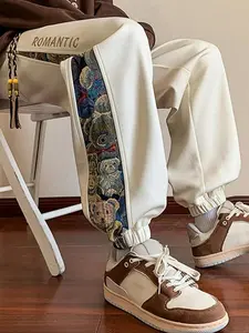 Men's Cartoon Bear Patchwork Print Drawstring Waist Jogger Pants, Casual Regular Fit Pocket Design Trousers for Fall & Winter, Fashion Men's Bottoms for Daily Wear, Streetwear Joggers