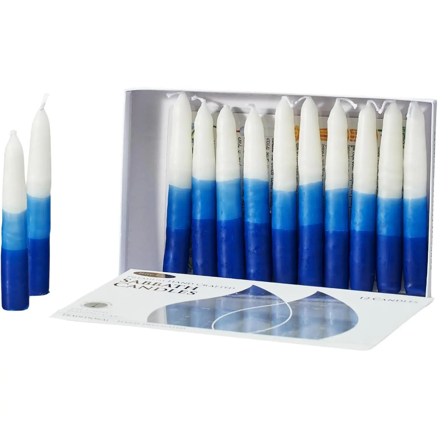 White & Blue Tricolor Premium Shabbat Candles (12 Pack), Home Supplies, Traditional Jewish Sabbath Dinner Table Decor, Judaica Centerpiece with Beautiful Gift Box & Hebrew-English Blessing Card