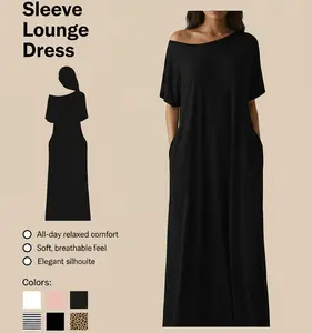 Quriov Women's Solid Color Batwing Sleeve Lounge Dress, Loose Casual Elegant Comfy Short Sleeve Baggy Nightdress for Daily Wear, Ladies Sleepwear for All Seasons, Oversize Womenswear, Night Gown Women, Loungewear