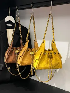 Women's Fashion Bucket Bag, Argyle Chain Design, Drawstring Closure, All-Seasons Handbag & Shoulder Crossbody Purse, Ideal for Shopping & Commuting