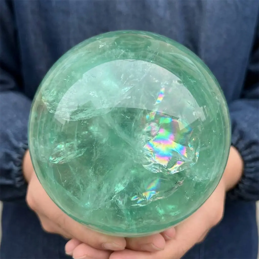 Natural Green Fluorite Crystal Ball Sphere 2.4"-3.2" Inch Large Dreamy Translucent Banded Hand-Polished Round Gemstone with Wooden Stand Home Office Desk Shelf Living Room Decor Figurine Display Birthday Housewarming Gift Collectors Green Stone Decoration