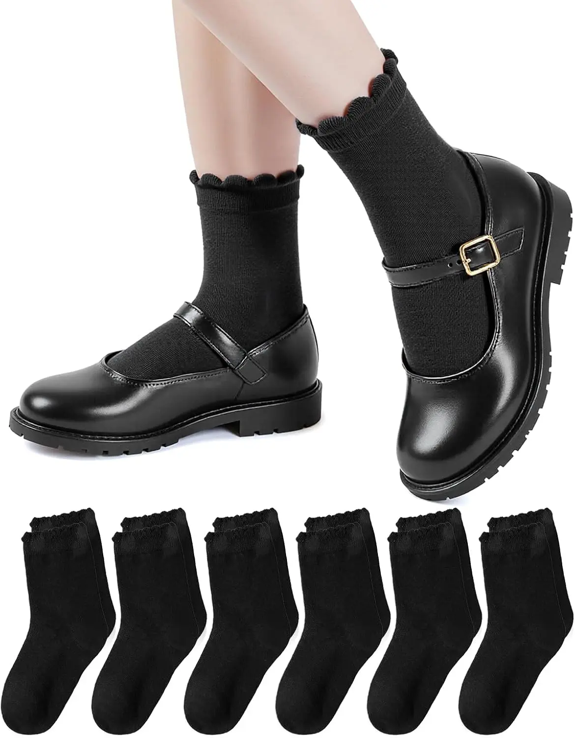 Girls' Cotton Ruffled Crew Ankle Socks - 6 Pairs, 2-14yrs, Multiple Colors, Fashion Apparel for School Uniforms