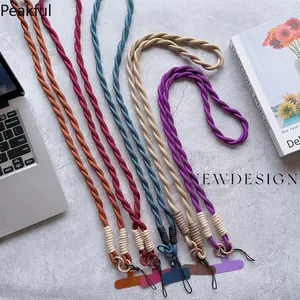 Neutral Tone Braided Phone Crossbody Strap, Popular Boho Adjustable Lanyard Accessory with Detachable Tether Patch, lightweight durable woven rope construction, great for casual streetwear, work outfits, travel adventures and hands-free convenience