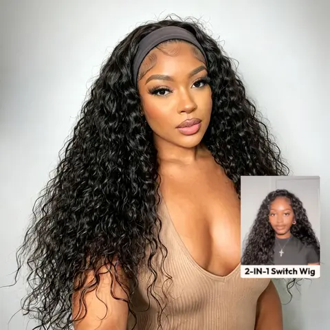 [3s Wear Wig] Nadula Detachable Zip Headband Wig Water Wave 2-in-1 Switch Half Wig  Glueless Human Hair With Washable Elastic Band Drawstring Adjustable Hook Wear And Go Natural Black SoHoChic TikTokShopBackToSchool