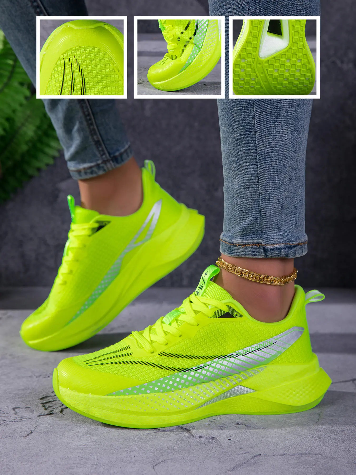 Summer New Unisex Thick Sole Breathable Casual Fashion Running Sneakers, Mesh Soft Comfort Fashionable Walking Shoes, Trendy Fluorescent Green Color Matching, Non Slip Wear-resistant Footwear for Outdoor Running Gym Daily Wear, Size 35-45