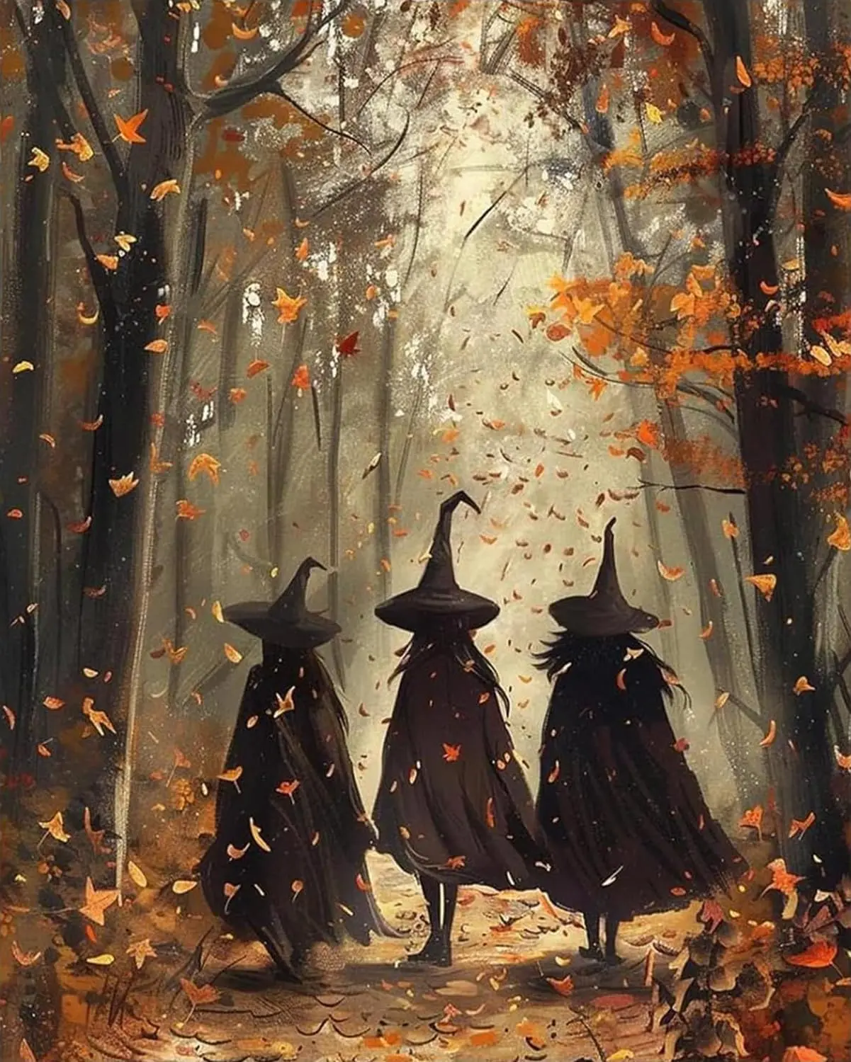 5D Diamond Painting Kit, Three Witches Walking In Autumn Fall Forest With Falling Maple Leaves Full Drill DIY Diamond Art, Halloween Mystical Scenery Diamond Painting for Home Wall Decor