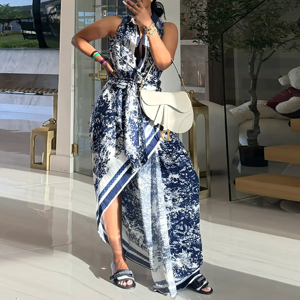 CHICME Women's Vintage Ink Print Turn-down Collar Sleeveless Butto Front Maxi Dress Casual Zipper Back Tie Waist Side High Slit Vacation Dress/Summer Dress with Belt