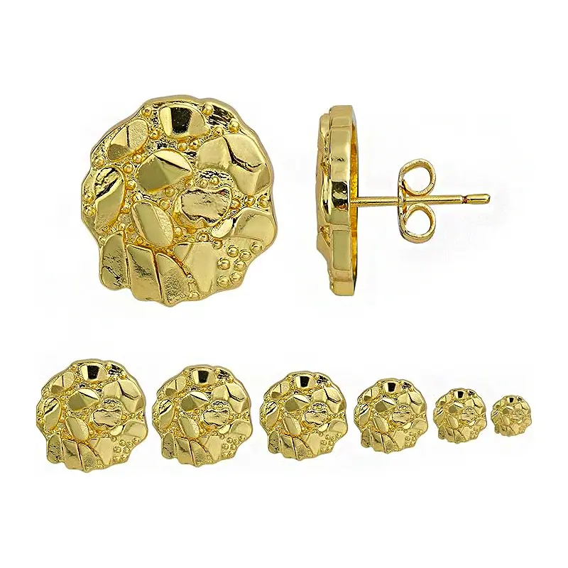 MaxBling81 14K Solid High-End Brass Premium Golden Nugget Earrings, 10mm/12mm/14mm Iced Cubic Zirconia Studs, Unisex Fashion Costume Jewelry