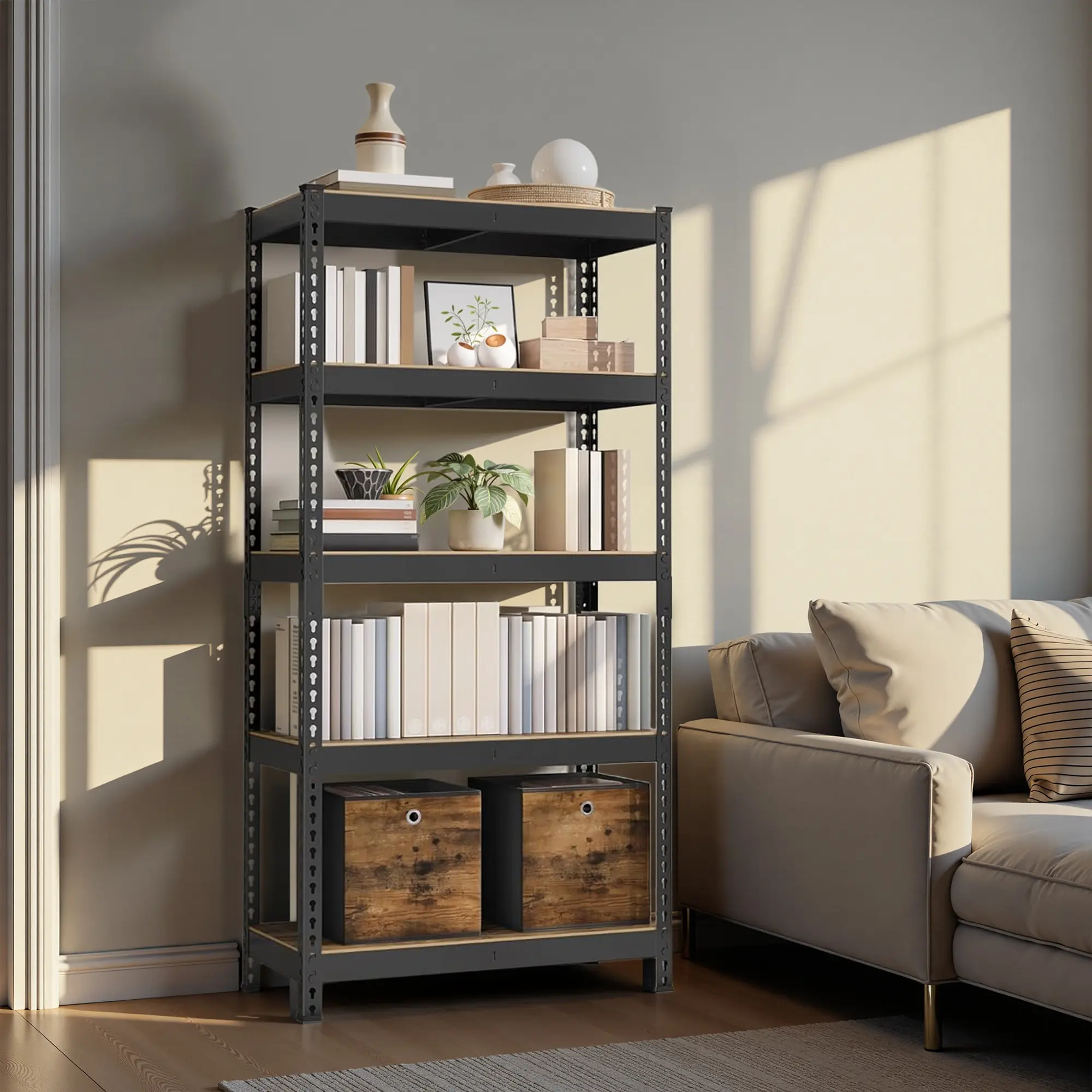 5-Tier Storage Shelves, Garage Storage, Adjustable Shelving Unit, 17.7 x 35.4 x 70.9 Inches, for Study Shed Basement, Black and Brown