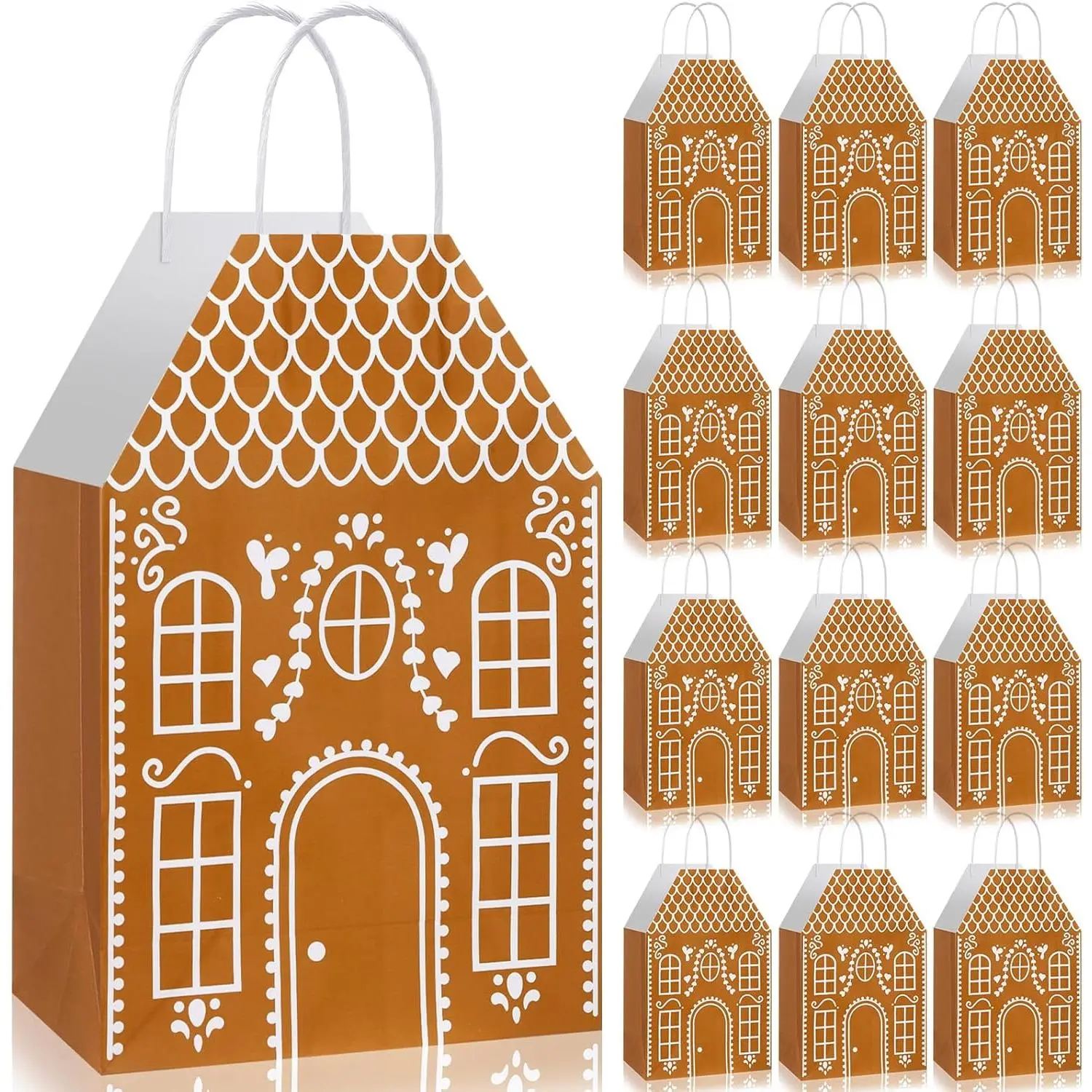 24 count Christmas Gingerbread House  Bags with Handles House Gingerbread Shaped  Candy Goodies Paper Bags Bulk Winter Snow Wrapping Paper for Christmas Holiday Party Favor(Classic)