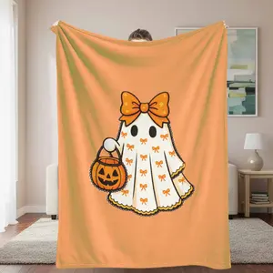 Halloween Ghost Flannel Blanket with Pumpkin and Orange Bow Print Soft Cozy Warm Decorative Throw Blanket Perfect for Sofa Bedroom Living Room Holiday Party Gift Home Decor