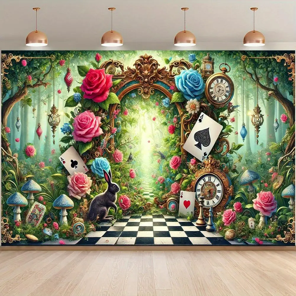 1PC Multicolored Printed 2D Flat Polyester Alice in Wonderland Photoshoot Backdrop - Fantasy Forest Checkerboard Fairy Tale Scene, 1-Piece Reusable Banner, Party Decoration Supplies, Birthday & Home Festive Decor Cloth