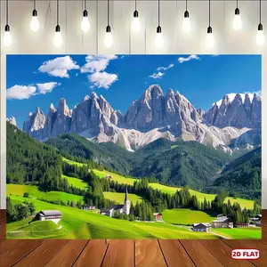 1pc 2D Flat, European Alps Dolomites Swiss Mountains Backdrop, Polyester Green Hills Village Banner, Universal Holiday Themed, Multipurpose, General Fit, No Electricity Required, for Video Studio Booth Props Decor