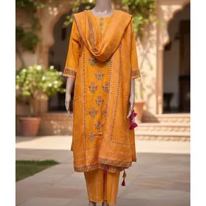 Stunning Golden Yellow Embroidered Suit Set (3Ps-7 )S/ M/ L/ XL with Intricate Embroidery for Various Occasions