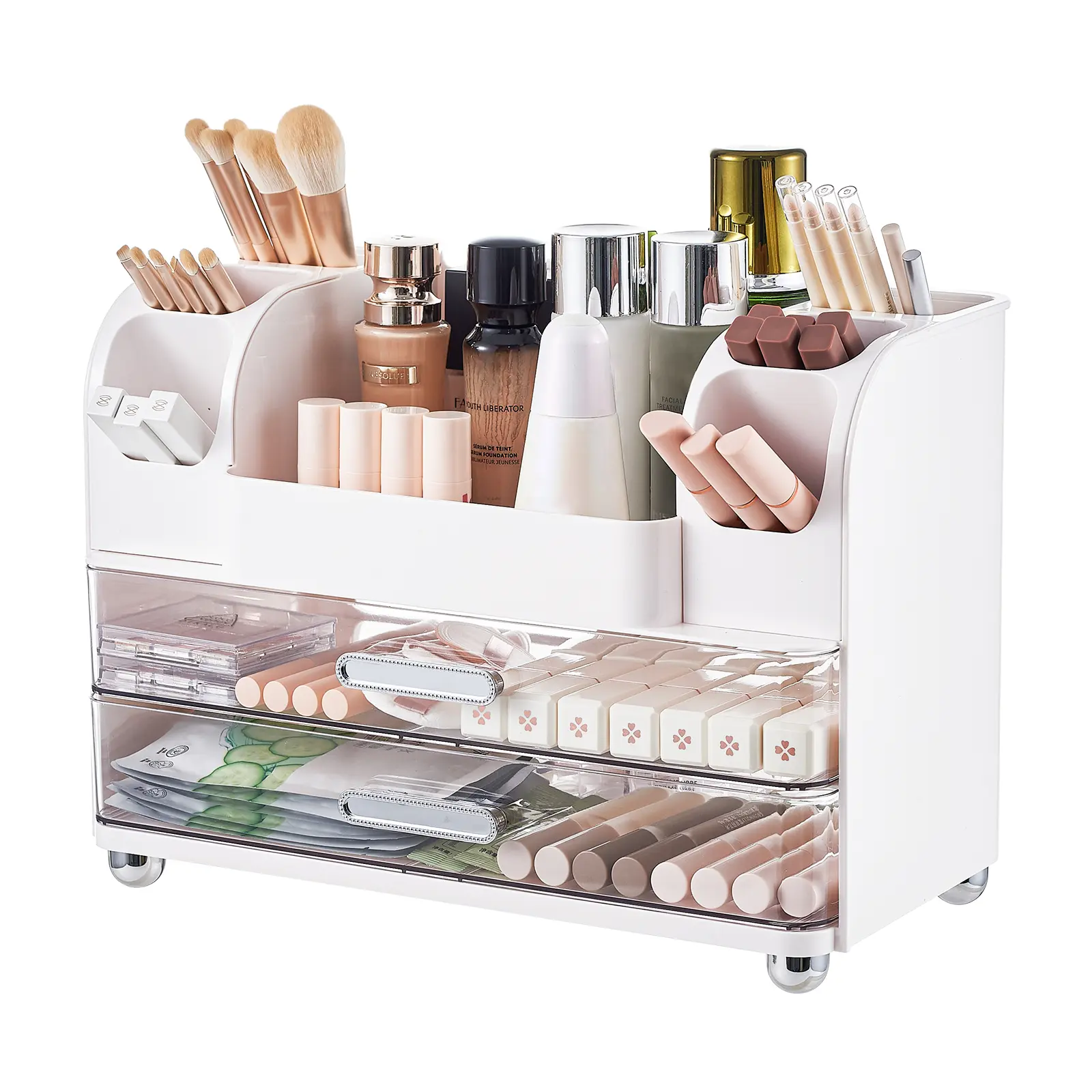 Pink Rectangular ABS Plastic Cosmetic Makeup Tool Organizer - Wipe-Clean, 13.78w×7.87×9.85h in, Adjustable Holder with 2 Large Drawers & Makeup Brush Organizer, Female Vanity Organization Rectangular Box for Bathroom Countertop, Home Supplies Gift, Stain