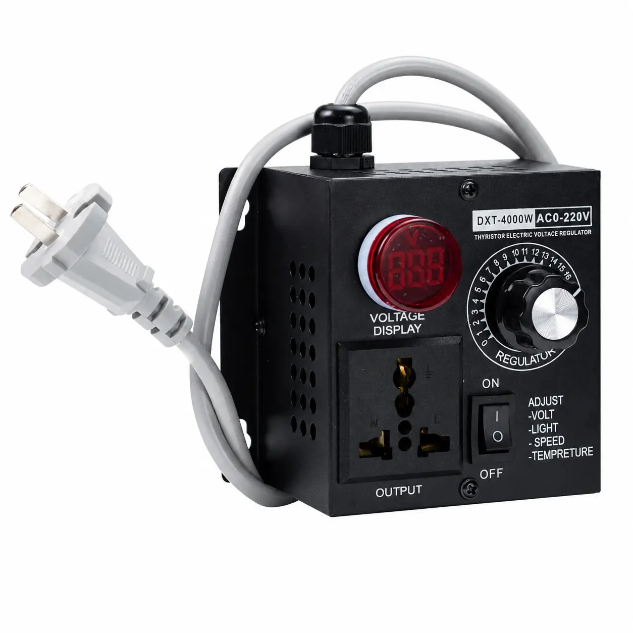 220V AC voltage regulator, portable compact variable voltage controller with digital voltage display, adjustable, manual knob AC voltage regulator with universal output socket, DXT-4000W voltage regulator, suitable for fan, heater, and lighting control.