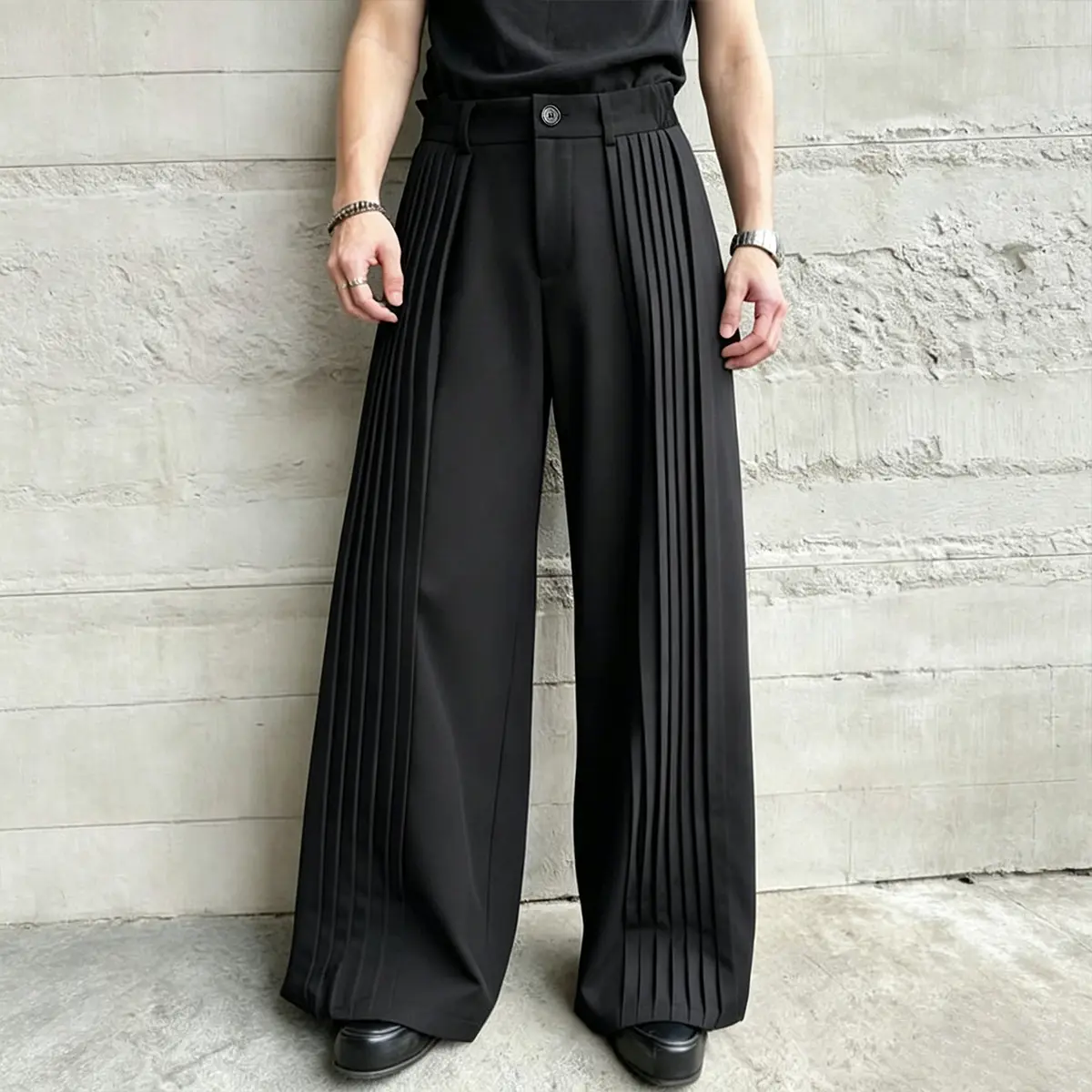 Men's Wide Leg Accordion Pleat Trousers Formal Suit Pants Relaxed Fit Black