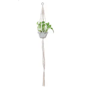 THY COLLECTIBLES Hand-Weaved Two-Tier Macrame Plant Hanger Indoor Outdoor Hanging Planter Basket Cotton Rope 4 Legs Beaded Creamy White