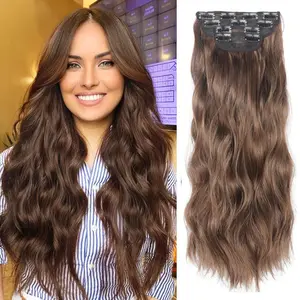 VOSILK Double Weft Synthetic Hair Extension 4PCS Thick Hairpieces Clip in Long Wavy Hair Extensions Dark Brown Mixed Light Brown 20 Inch