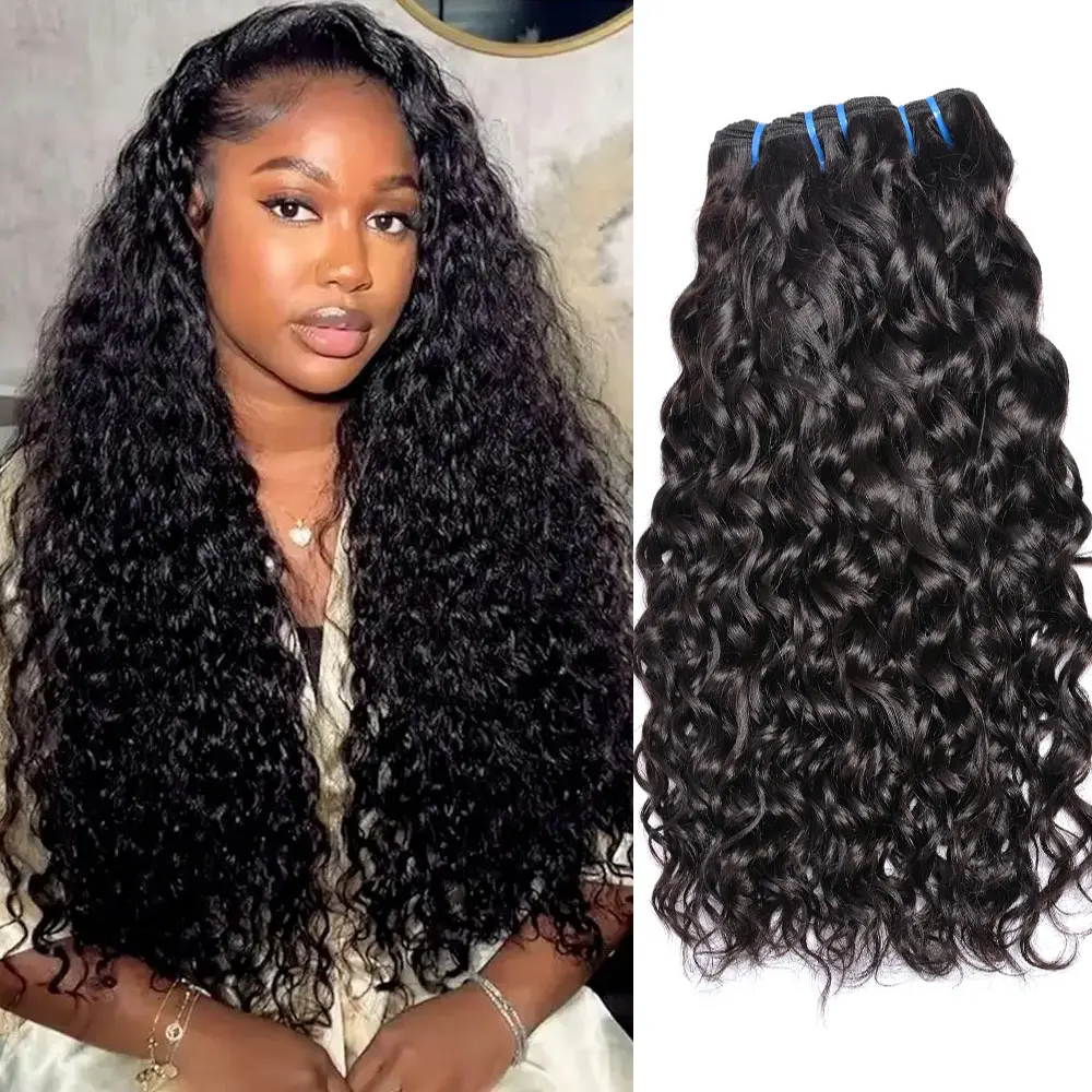 12A Water Wave Human Hair Bundles Hair Extensions Natural Black Wet And Wavy Remy Human Hair Bundles 100% Unprocessed Virgin Hair Weaving 1/3/4 Bundles for Women Soft Deep Curly Human Hair Bundles