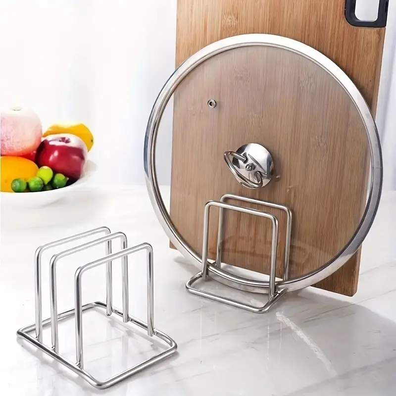 Space-Saving Stainless Steel Pot Lid & Cutting Board Organizer – Heavy-Duty Countertop Rack with Non-Shake Design | Cabinet Door Mount | Rust-Resistant, Sleek Kitchen Storage Rack | Viral Kitchen Setup, Minimalist Cooking Space Organizer