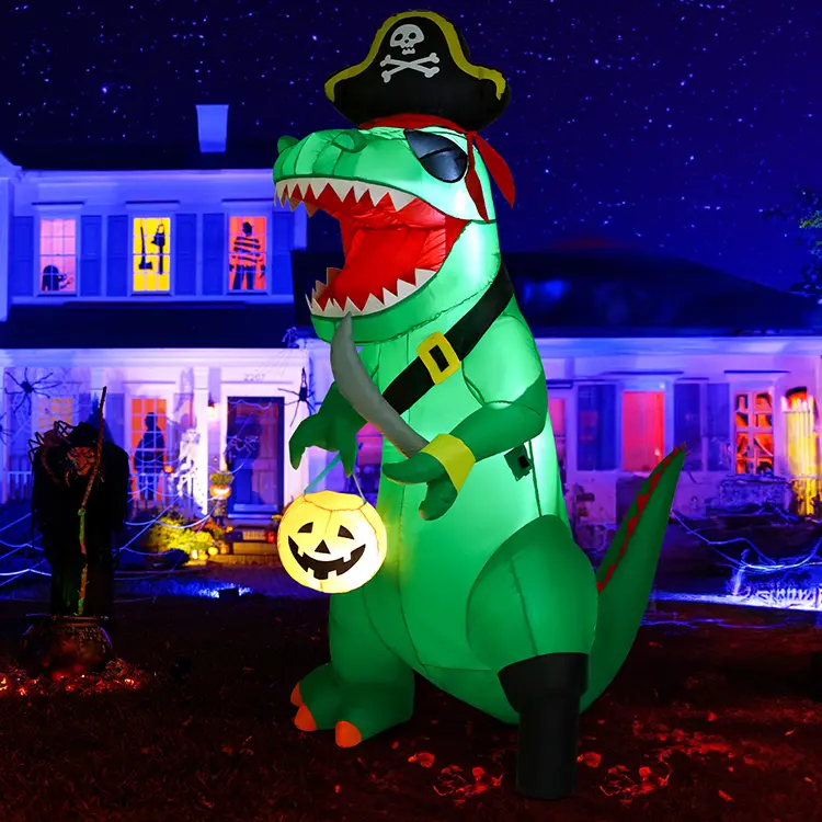 GOOSH 7 FT Halloween Inflatables Dinosaur Outdoor Decorations Blow Up Yard Pirate Dinosaur with Pumpkin Decoration with Built-in LEDs for Indoor Party Garden Lawn Decor