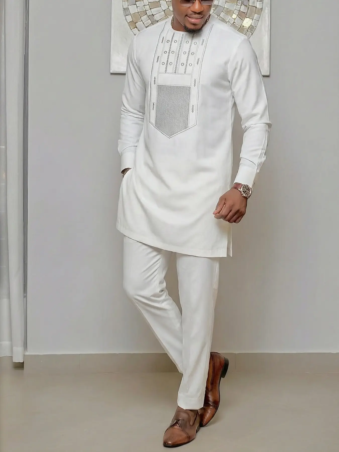 Muslim Men's 2-Piece Set African Boubou Long Sleeve Embroidered Ethnic Suit, Elegant Modest Formal Wear for Festivals Weddings Parties Gifts Thobe Combo Outfits Clothing