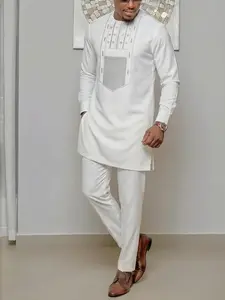 Muslim Men's 2-Piece Set African Boubou Long Sleeve Embroidered Ethnic Suit, Elegant Formal Wear for Festivals Weddings Parties Gifts Thobe Combo