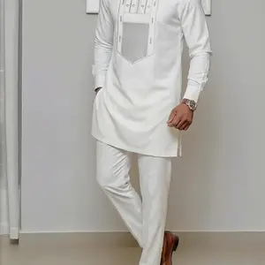 Muslim Men's 2-Piece Set African Boubou Long Sleeve Embroidered Ethnic Suit, Elegant Modest Formal Wear for Festivals Weddings Parties Gifts Thobe Combo Outfits Clothing