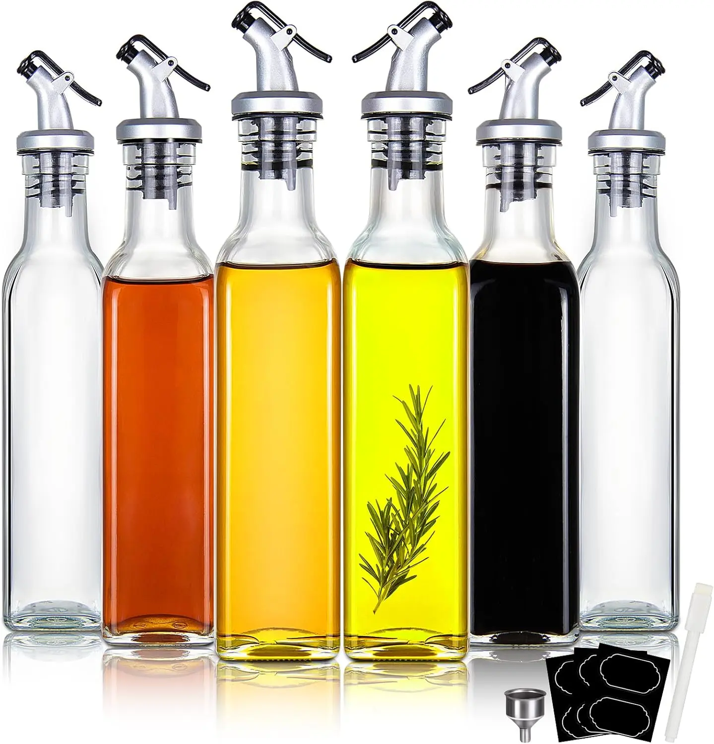 8oz Clear Glass Olive Oil Dispenser Bottles, and Vinegar Cruet Bottle Includes Pourers, Funnel Labels, Cooking Container for Kitchen 6 Pack