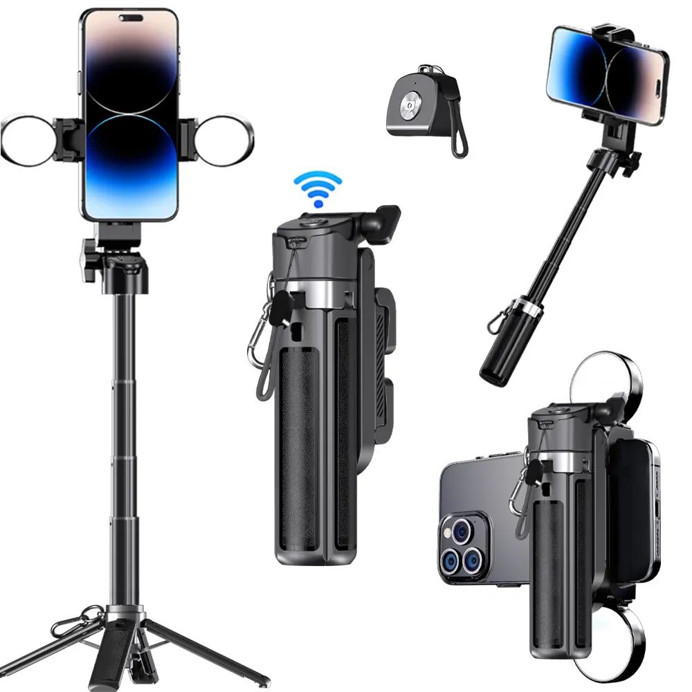 2026 New 4-in-1 Multifunctional Mini Selfie Stick with 360° Rotation Wireless Bluetooth Control  Compact Stylish Phone Holder for Selfies Video Recording Vlogging Compatible with ,Maxinum Extend to 20.2 inches with Double LED Light ,father's day gift